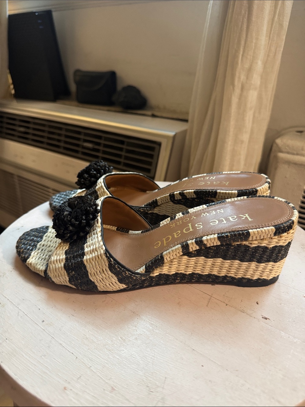 kate spade Black and Natural Striped Wedge Slides with Pom Pom Detail